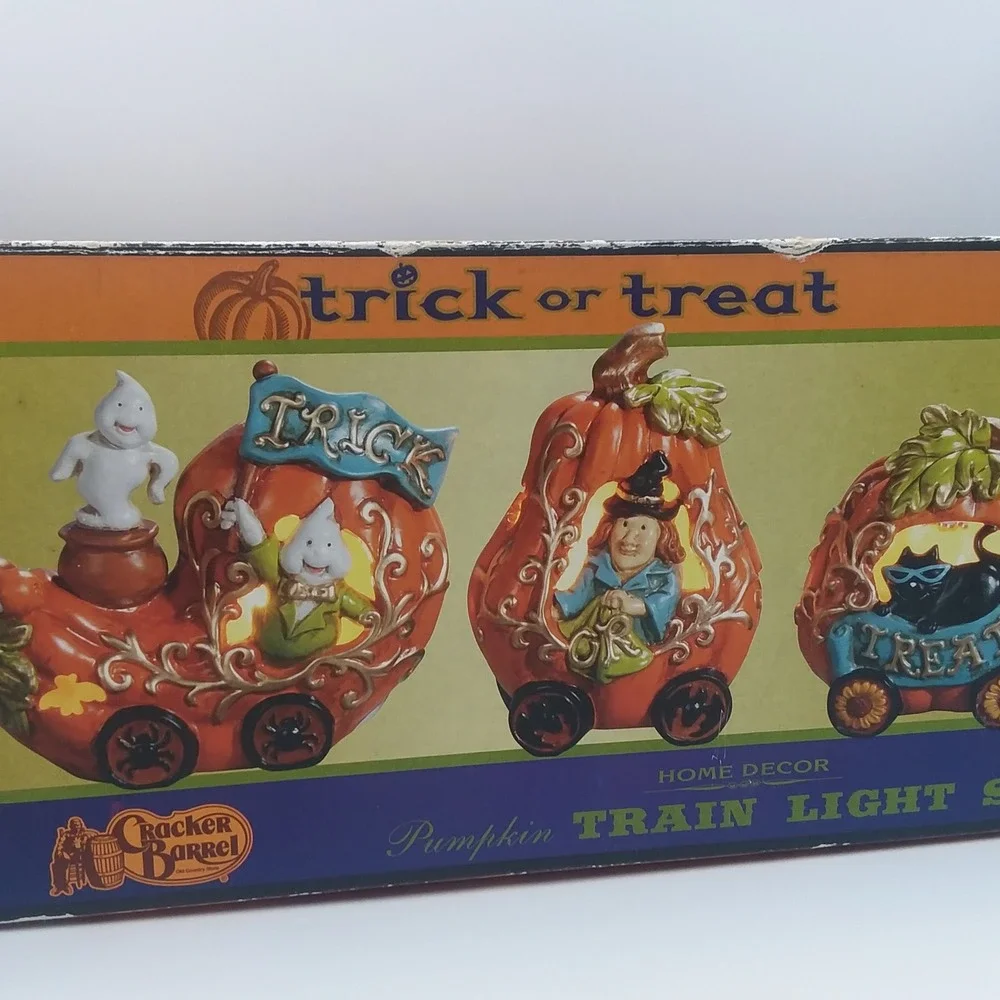 Cracker Barrel Pumpkin Train Set Halloween‎ Decor Witch Ghost Cat
